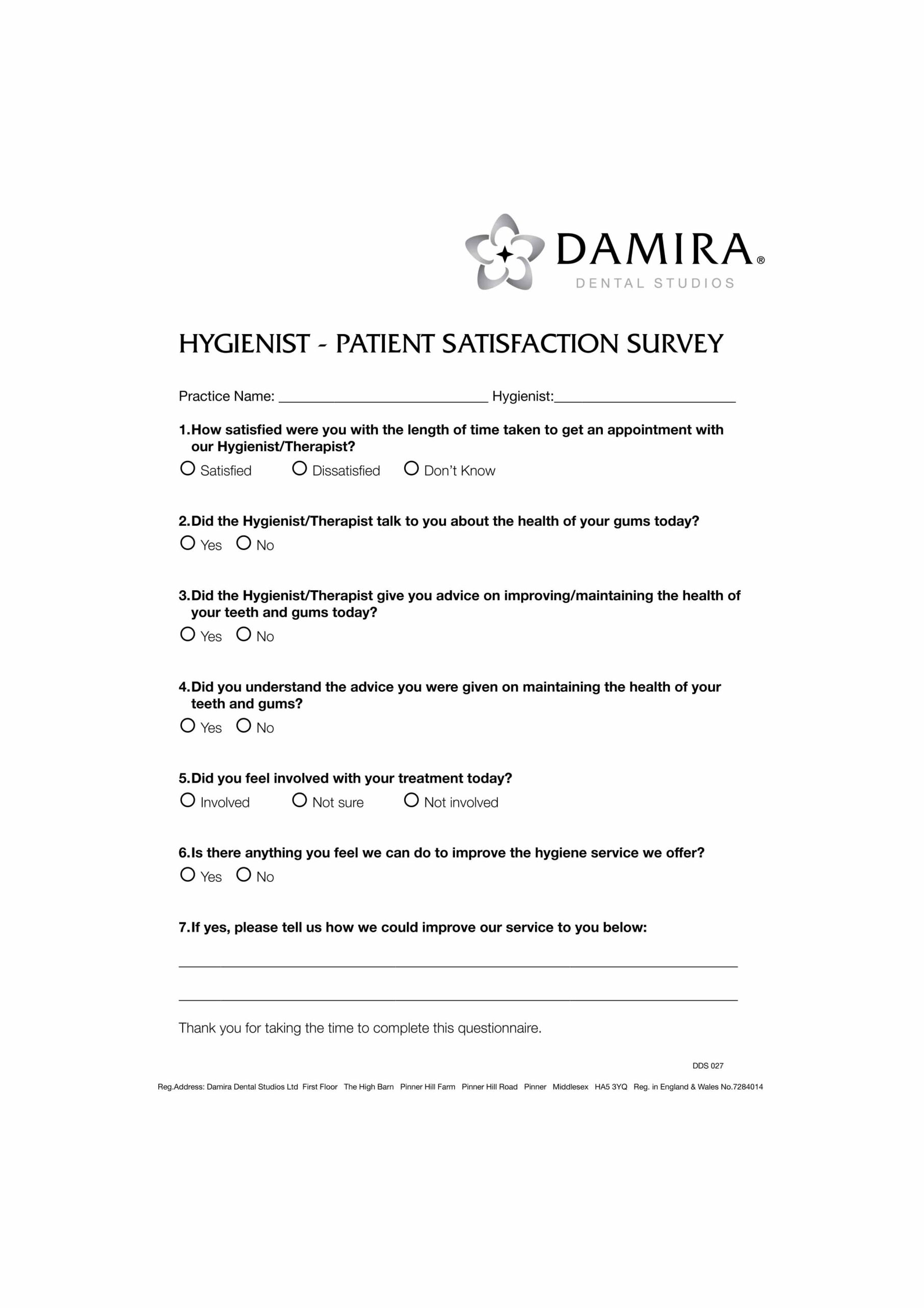 DDS 027 Hygienist - Patient Satisfaction Survey